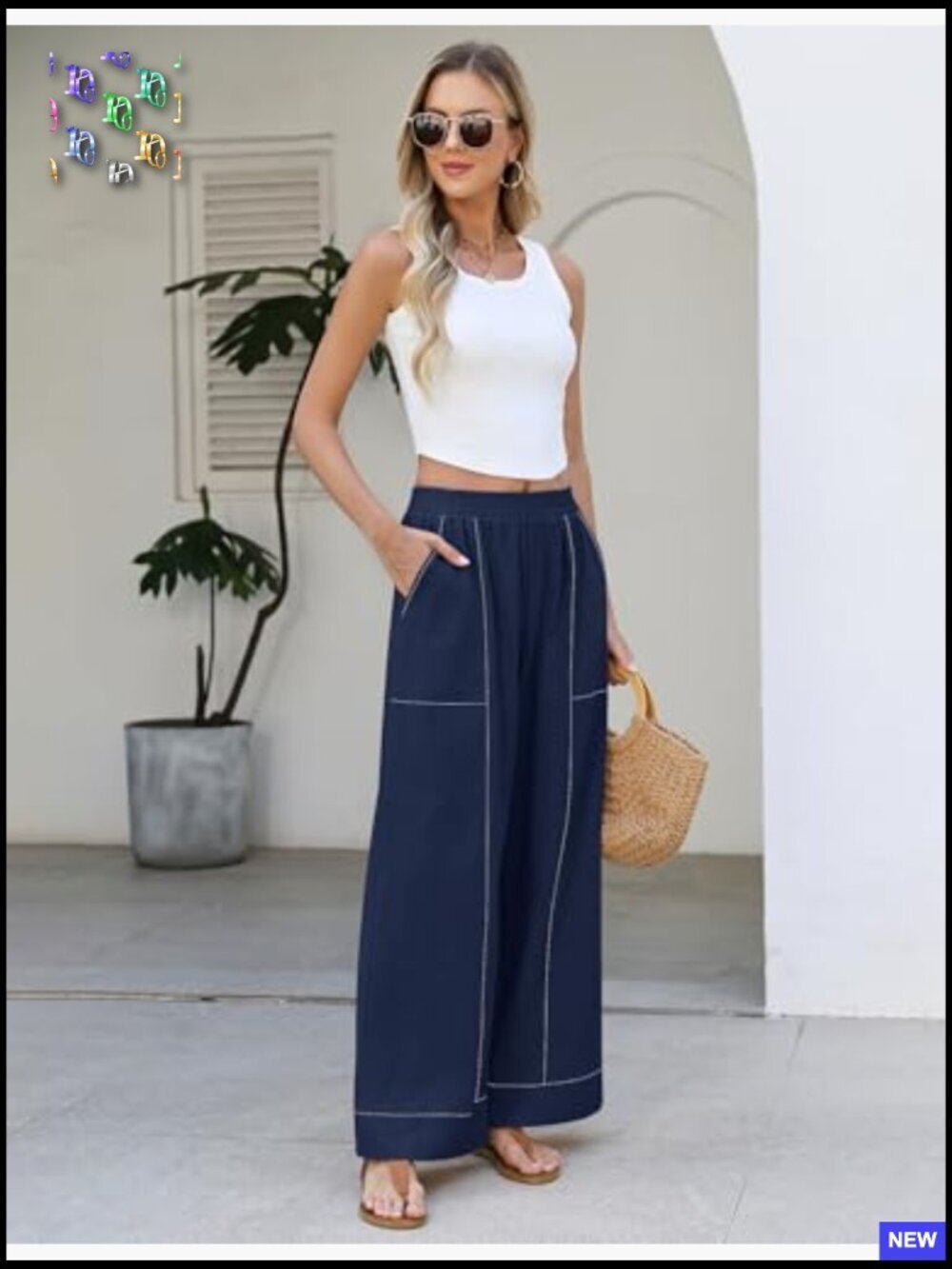 Elastic Waist Palazzo Pants Casual Wide Leg Baggy Lounge Trousers Pockets - Picture 5 of 7